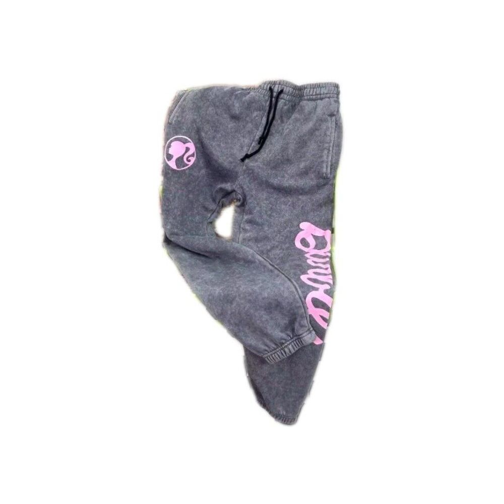 Mattel Barbie brand women's charcoal gray fleece joggers featuring a pink logo.